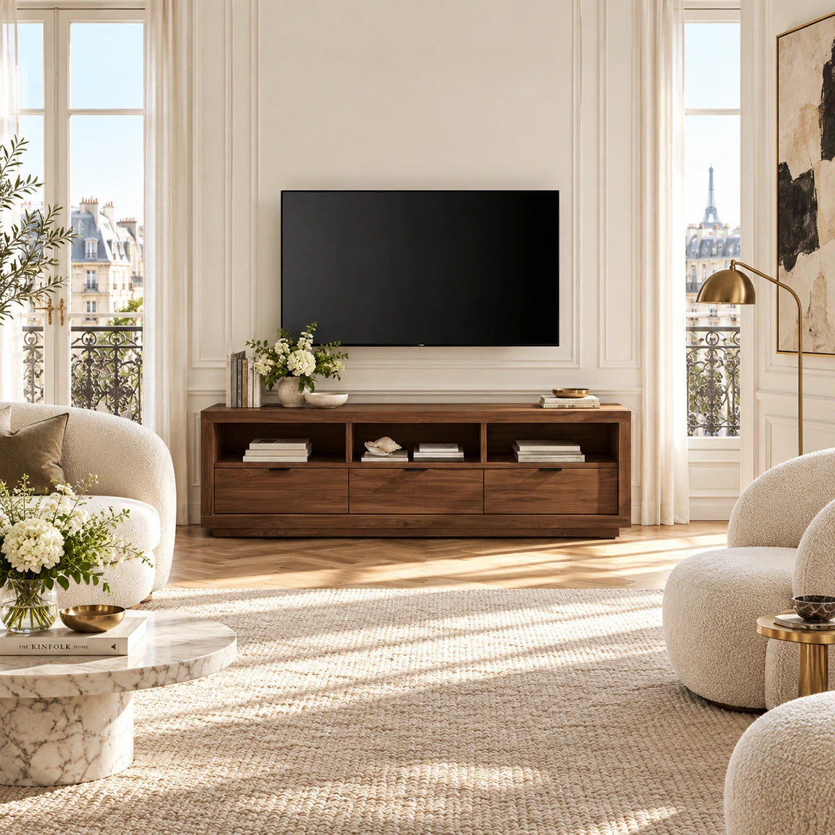 Contemporary television stand with three drawers and open shelf storage beneath it