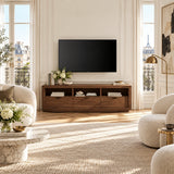Contemporary television stand with three drawers and open shelf storage beneath it