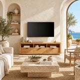 Designer entertainment console with open cubbies and drawers for media storage needs