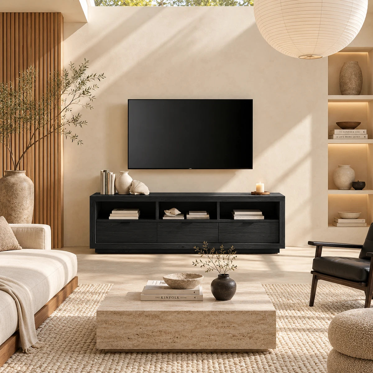 Living room TV stand with three drawers and open storage for books and devices at home