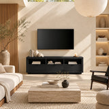 Living room TV stand with three drawers and open storage for books and devices at home