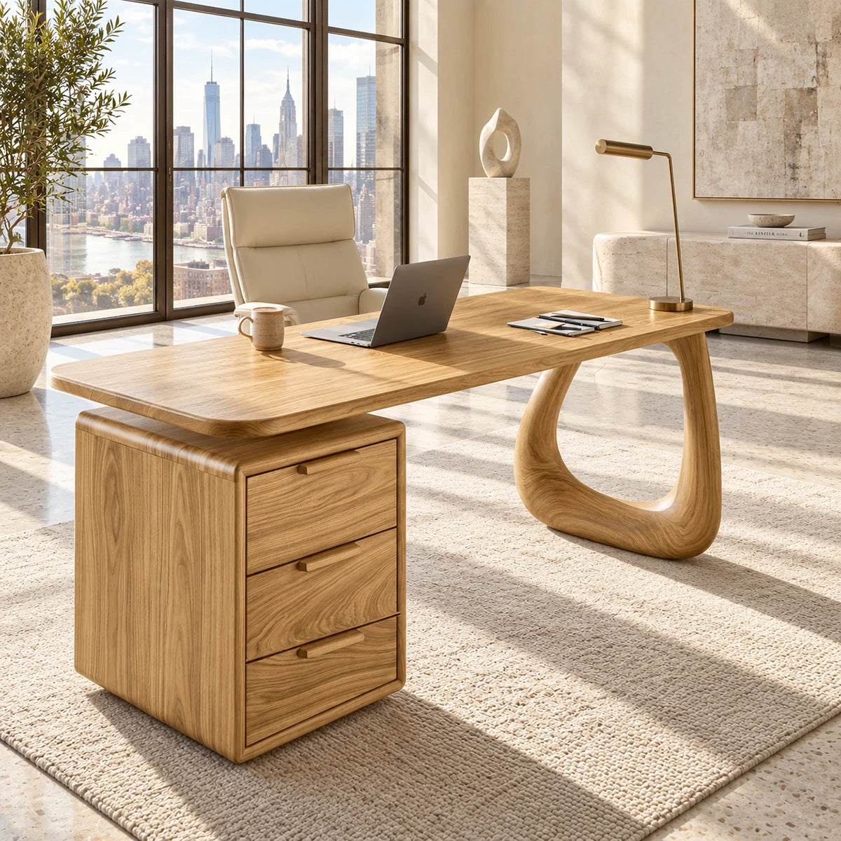 With three drawers and a sculpted open leg, this desk creates a refined office setting