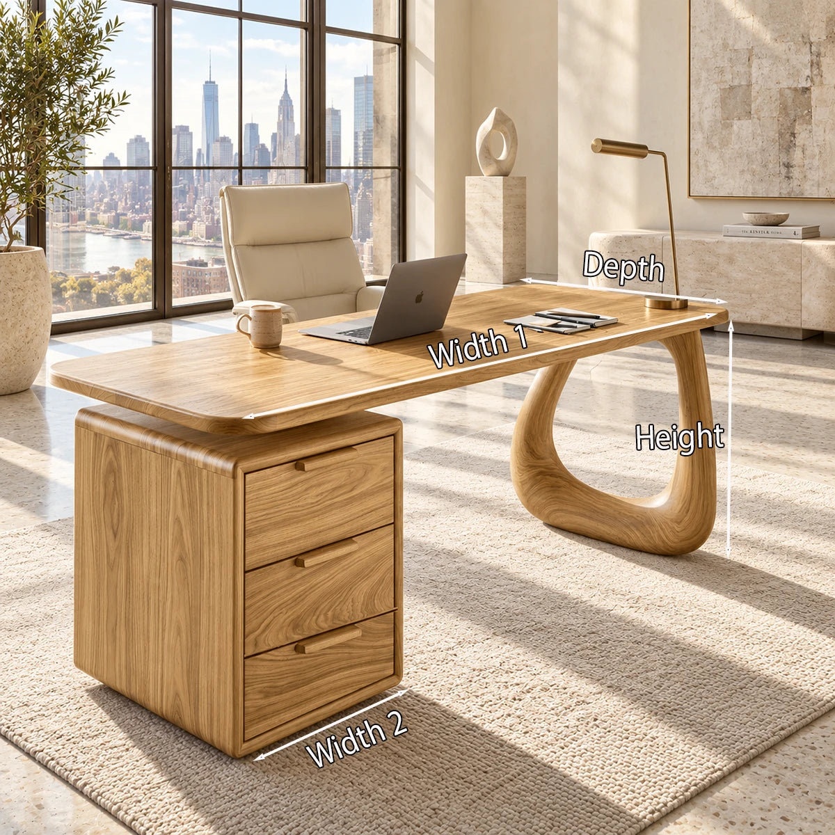 Rounded edges and a sculptural leg define this large desk for an elegant home office