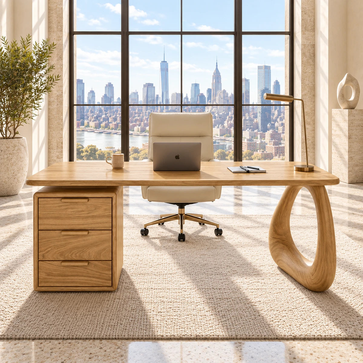 A clean home office desk combines rounded corners with three drawers for organization