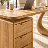 Featuring an open loop support, this writing desk adds visual interest to modern rooms