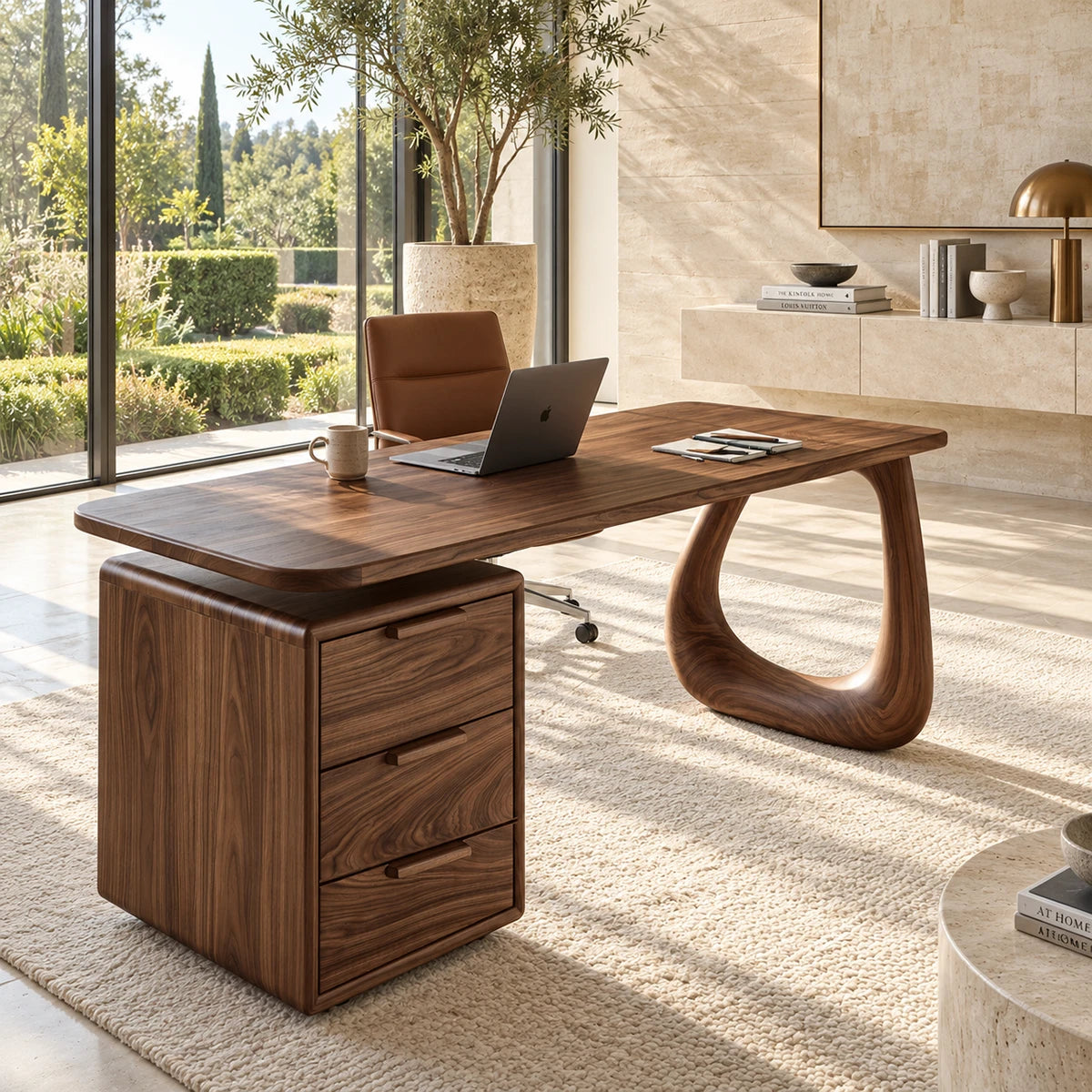An open support detail gives this study desk a distinctive profile in a bright interior