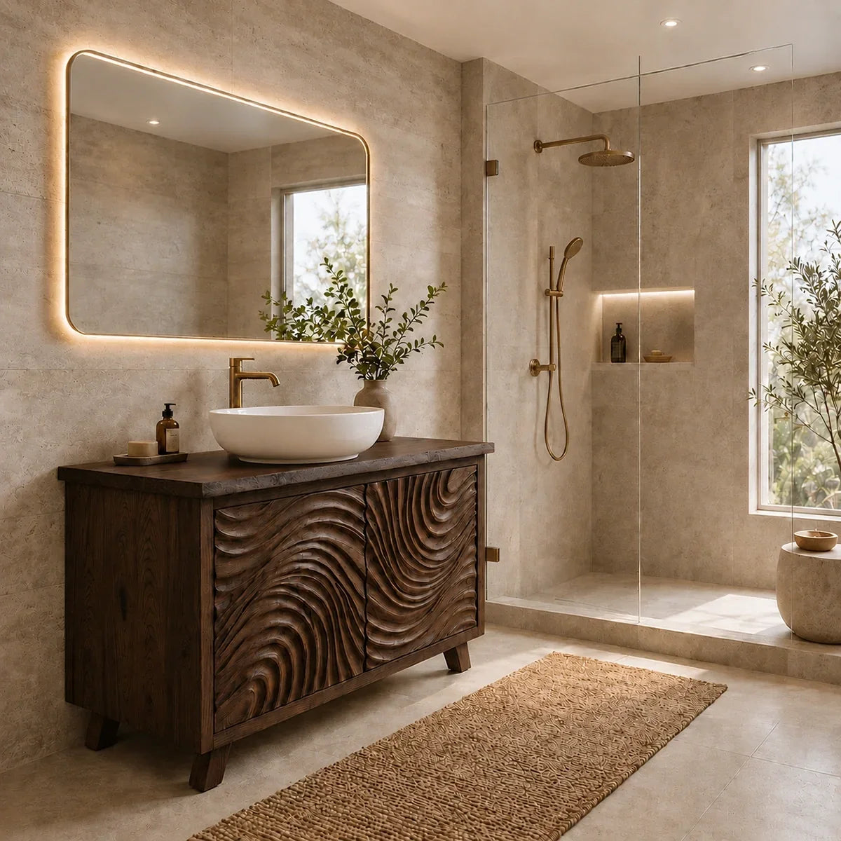 Traditional Bathroom Vanity with Hand-Carved Wave Cabinet Doors in Natural Solid Wood - Arboriswood - 10