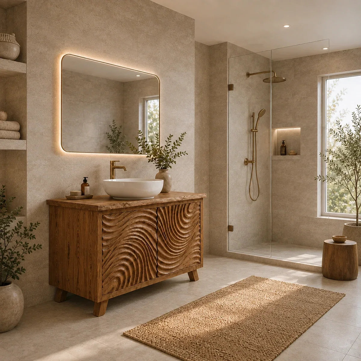 Traditional Bathroom Vanity with Hand-Carved Wave Cabinet Doors in Natural Solid Wood - Arboriswood - 1