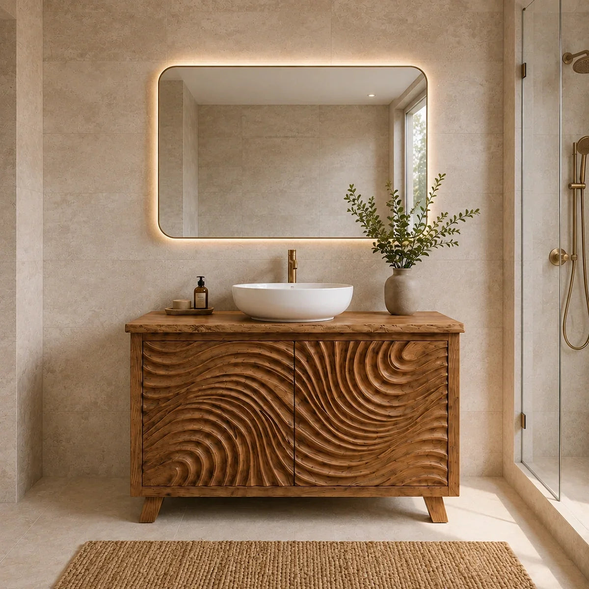 Traditional Bathroom Vanity with Hand-Carved Wave Cabinet Doors in Natural Solid Wood - Arboriswood - 2