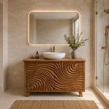 Traditional Bathroom Vanity with Hand-Carved Wave Cabinet Doors in Natural Solid Wood - Arboriswood - 2