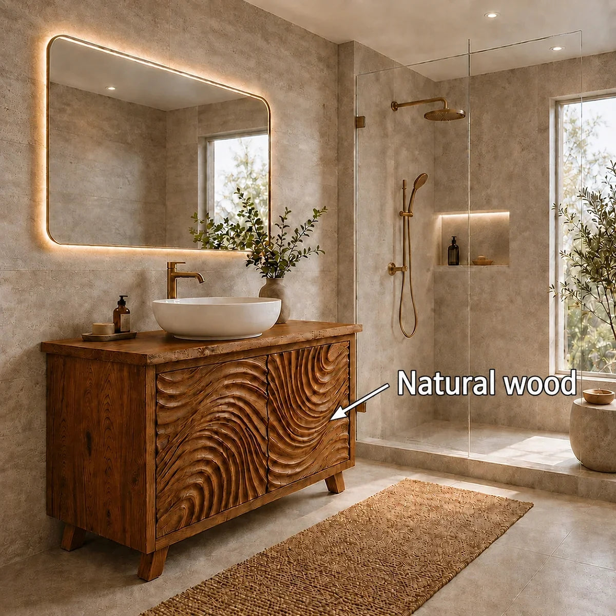 Traditional Bathroom Vanity with Hand-Carved Wave Cabinet Doors in Natural Solid Wood - Arboriswood - 5