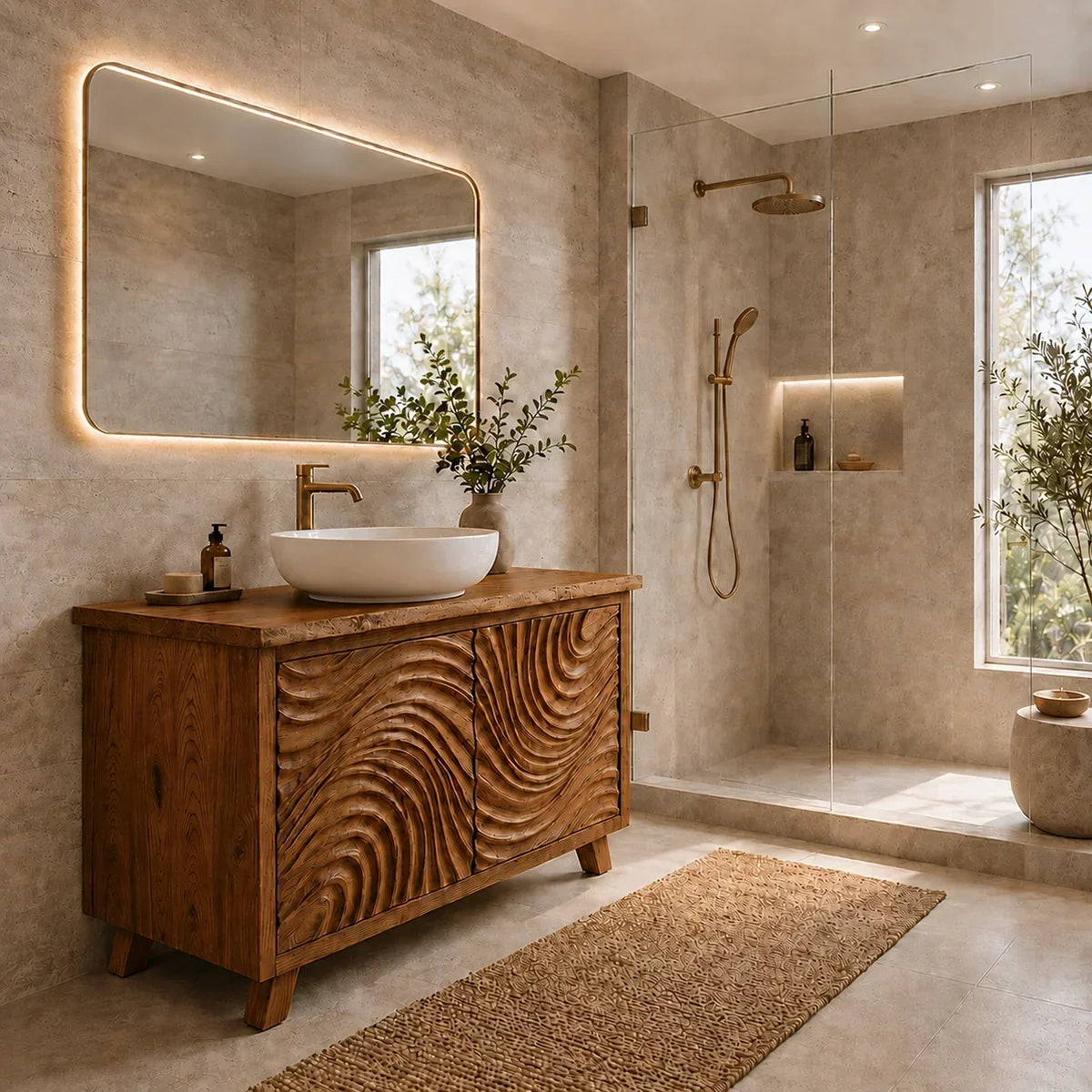 Traditional Bathroom Vanity with Hand-Carved Wave Cabinet Doors in Natural Solid Wood - Arboriswood - 7