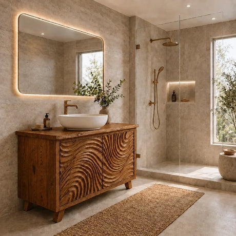 Traditional Bathroom Vanity with Hand-Carved Wave Cabinet Doors in Natural Solid Wood - Arboriswood - 7