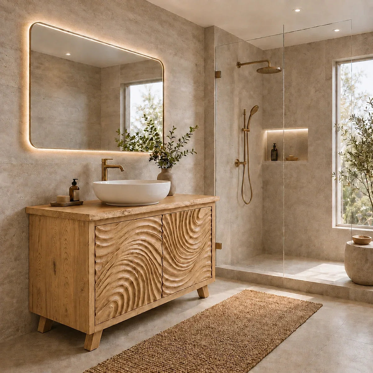 Traditional Bathroom Vanity with Hand-Carved Wave Cabinet Doors in Natural Solid Wood - Arboriswood - 9