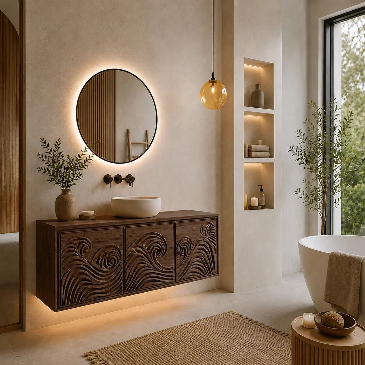 Traditional Bathroom Vanity with Hand-Carved Wave Cabinet Fronts in Natural Solid Wood - Arboriswood - 10