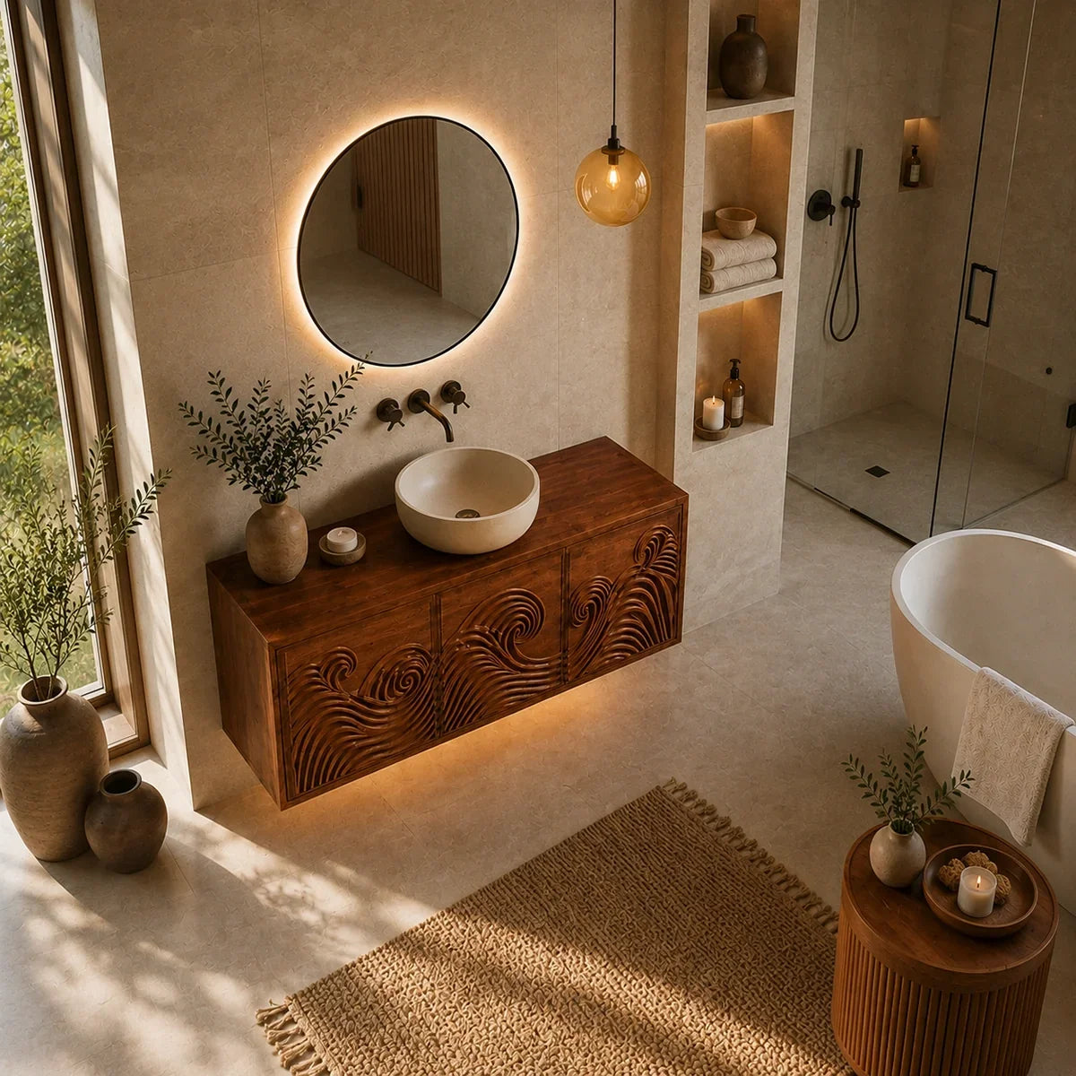Traditional Bathroom Vanity with Hand-Carved Wave Cabinet Fronts in Natural Solid Wood - Arboriswood - 5