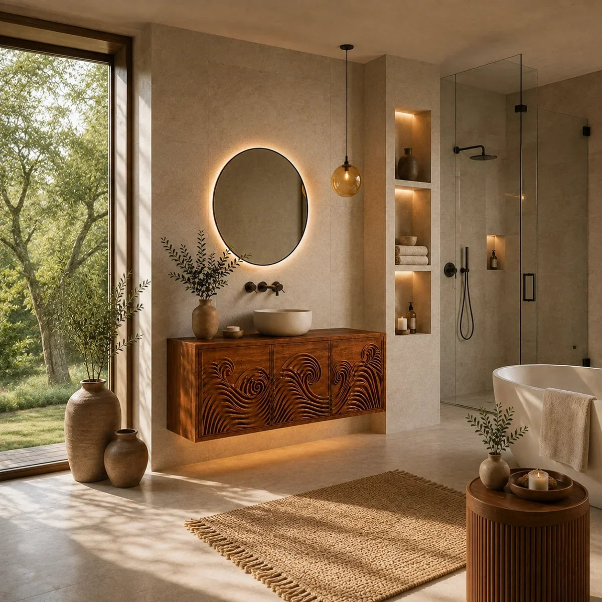 Traditional Bathroom Vanity with Hand-Carved Wave Cabinet Fronts in Natural Solid Wood - Arboriswood - 2