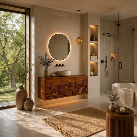 Traditional Bathroom Vanity with Hand-Carved Wave Cabinet Fronts in Natural Solid Wood - Arboriswood - 2