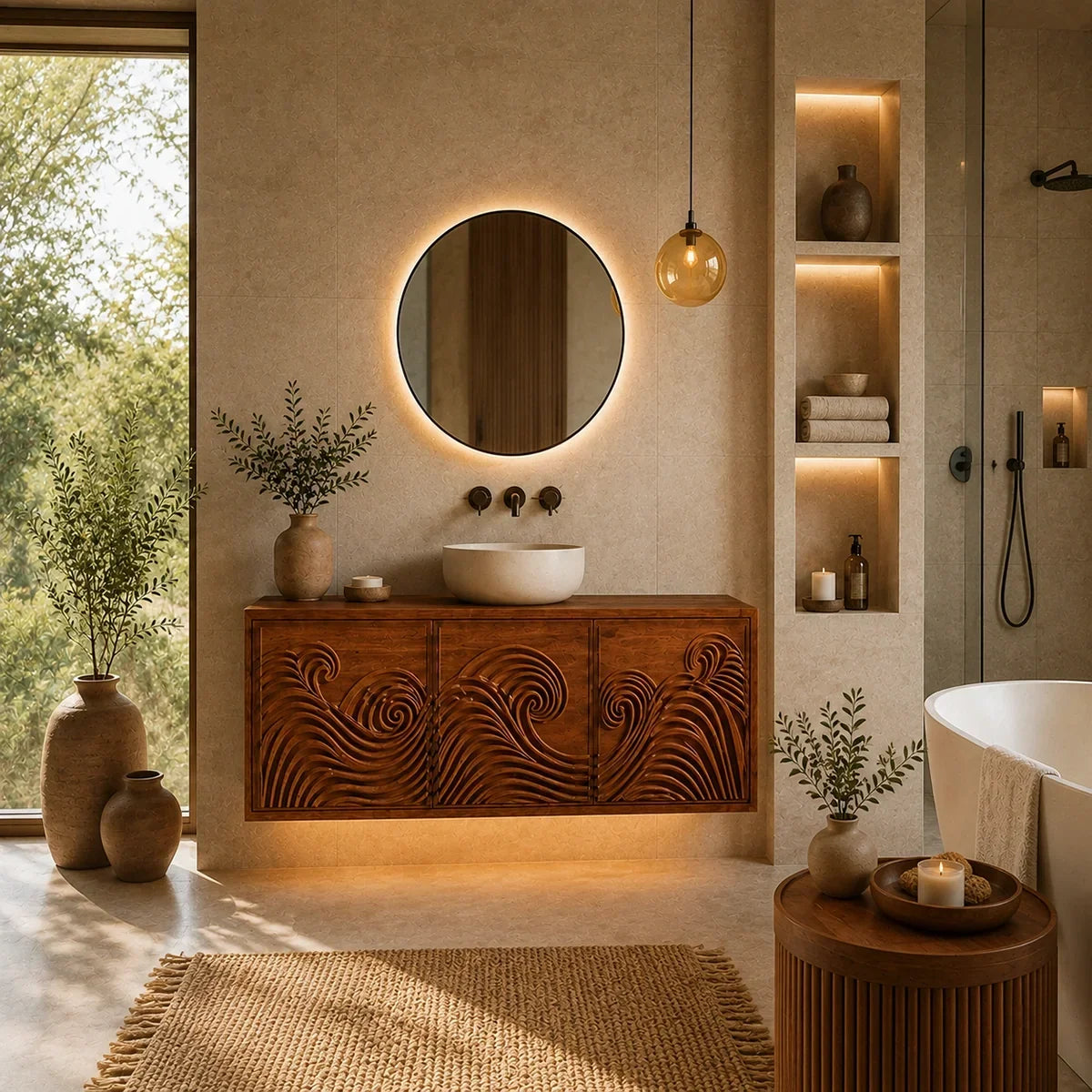 Traditional Bathroom Vanity with Hand-Carved Wave Cabinet Fronts in Natural Solid Wood - Arboriswood - 3