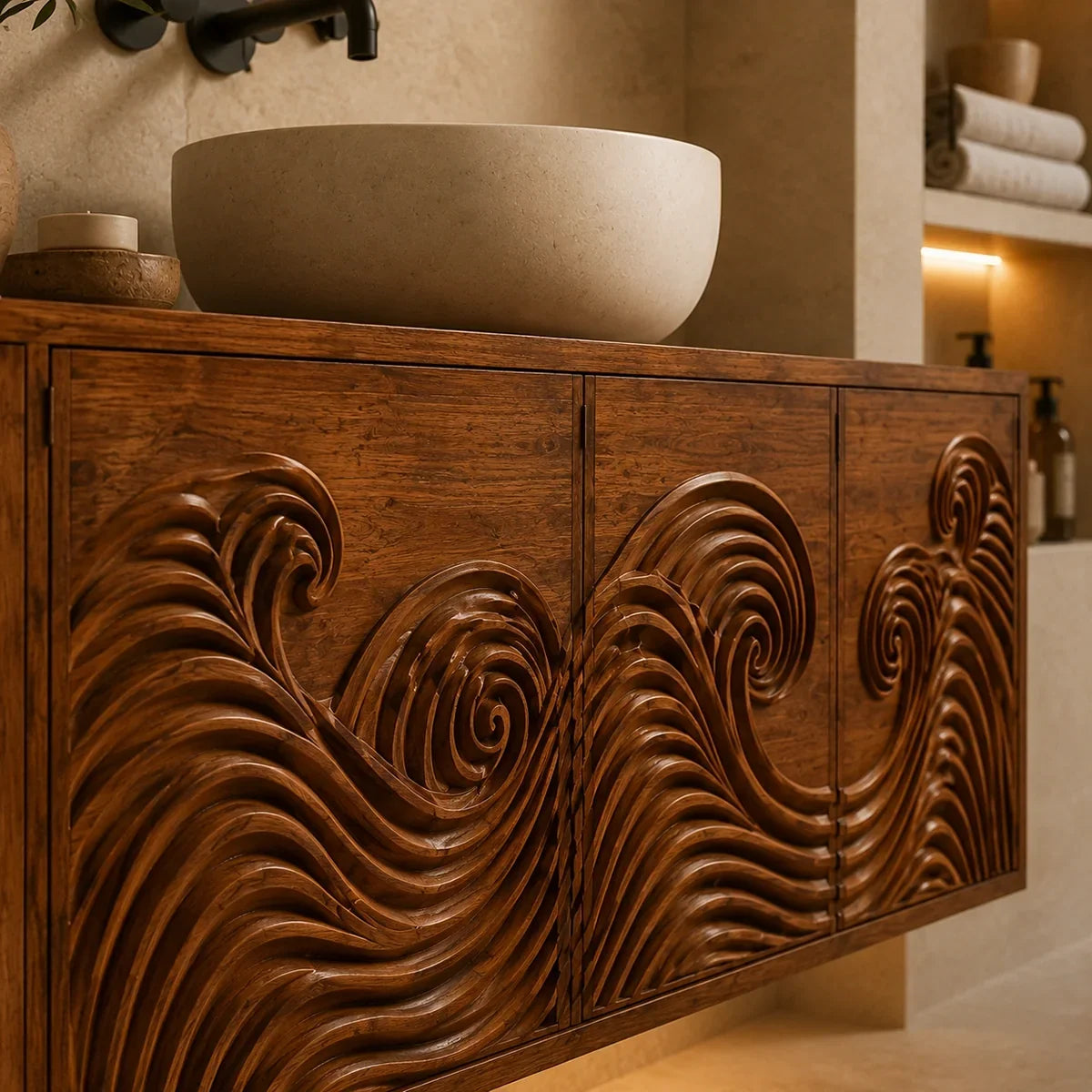 Traditional Bathroom Vanity with Hand-Carved Wave Cabinet Fronts in Natural Solid Wood - Arboriswood - 4