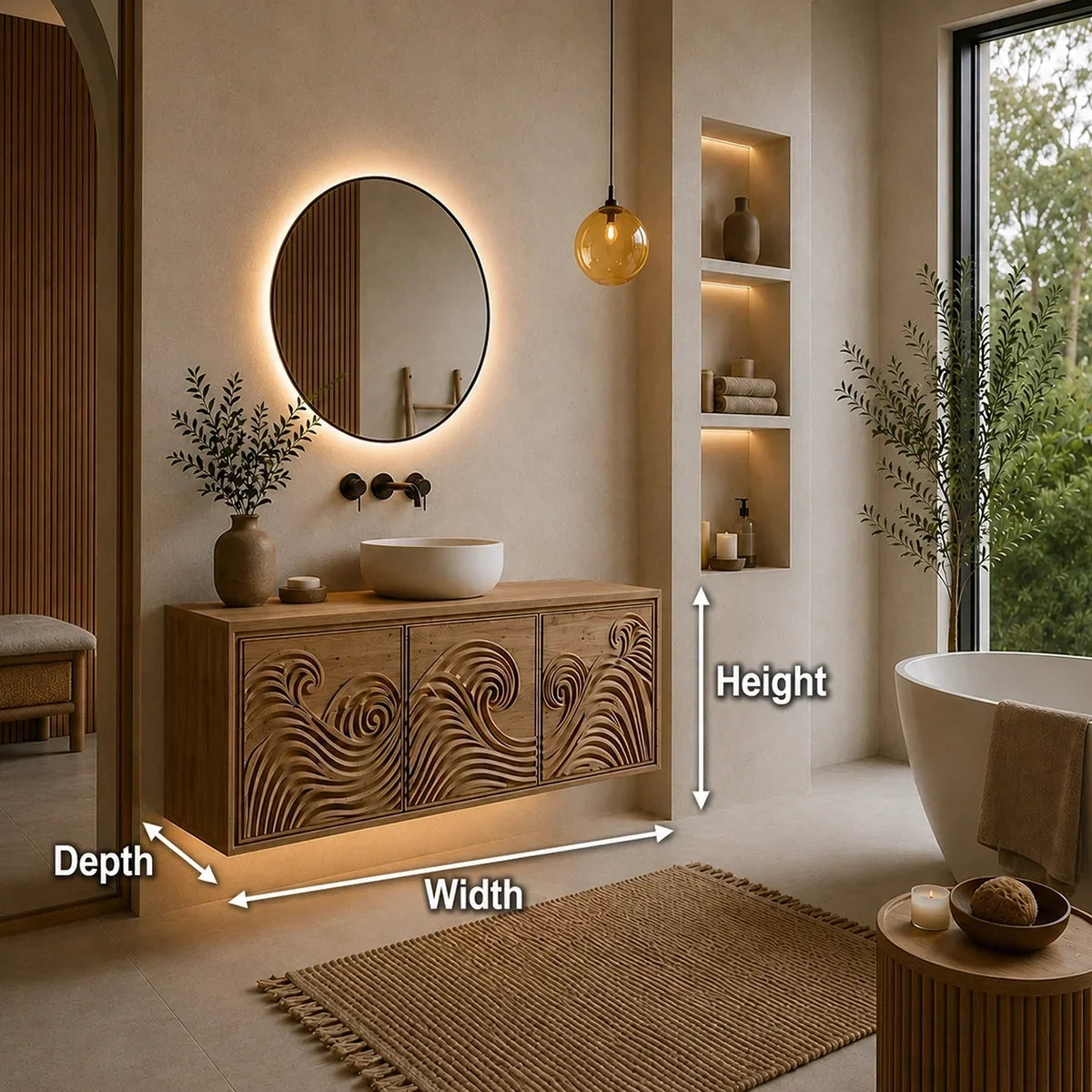Traditional Bathroom Vanity with Hand-Carved Wave Cabinet Fronts in Natural Solid Wood - Arboriswood - 6
