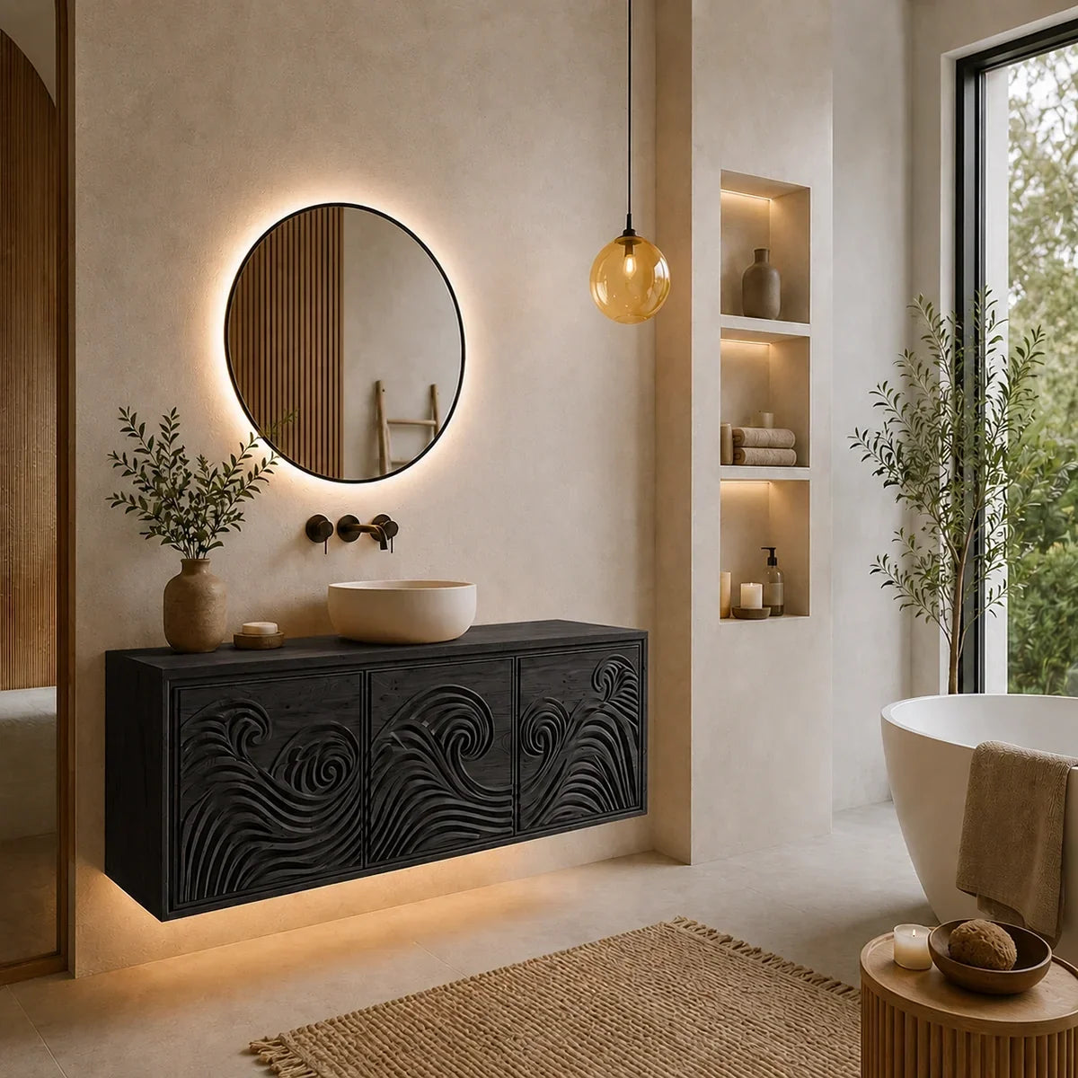 Traditional Bathroom Vanity with Hand-Carved Wave Cabinet Fronts in Natural Solid Wood - Arboriswood - 8
