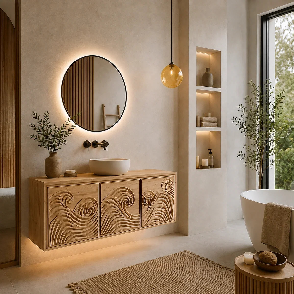 Traditional Bathroom Vanity with Hand-Carved Wave Cabinet Fronts in Natural Solid Wood - Arboriswood - 9