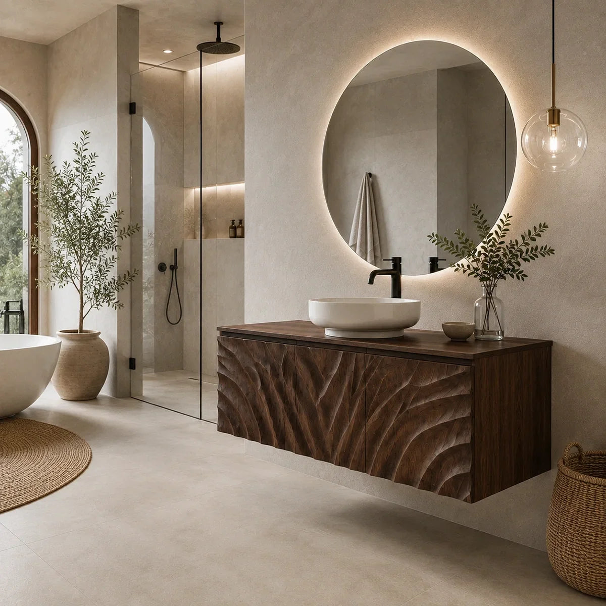 Traditional Bathroom Vanity with Hand-Carved Wave Front in Natural Solid Wood - Arboriswood - 1