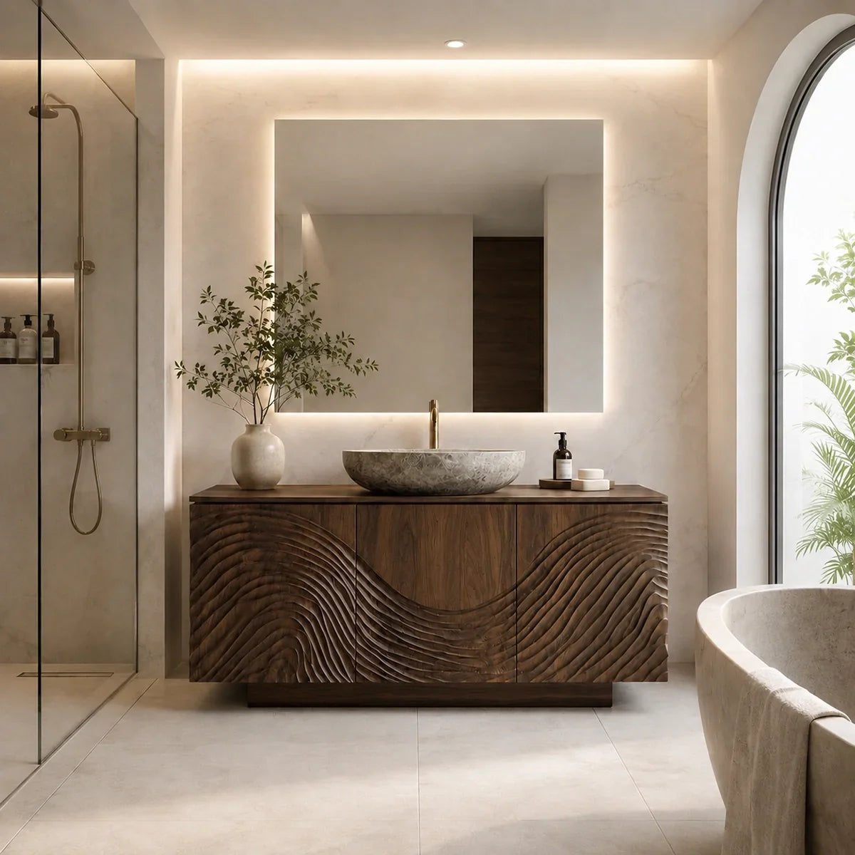Traditional Bathroom Vanity with Hand-Carved Wave Relief in Natural Solid Wood - Arboriswood - 10