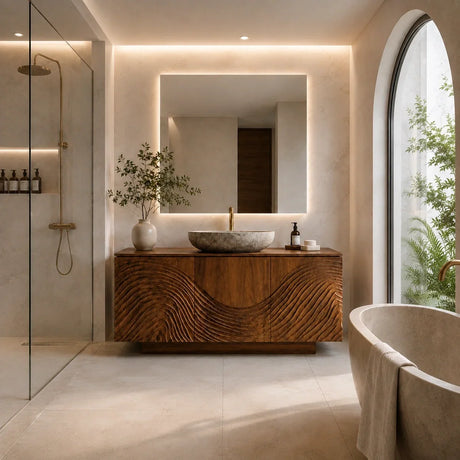 Traditional Bathroom Vanity with Hand-Carved Wave Relief in Natural Solid Wood - Arboriswood - 1
