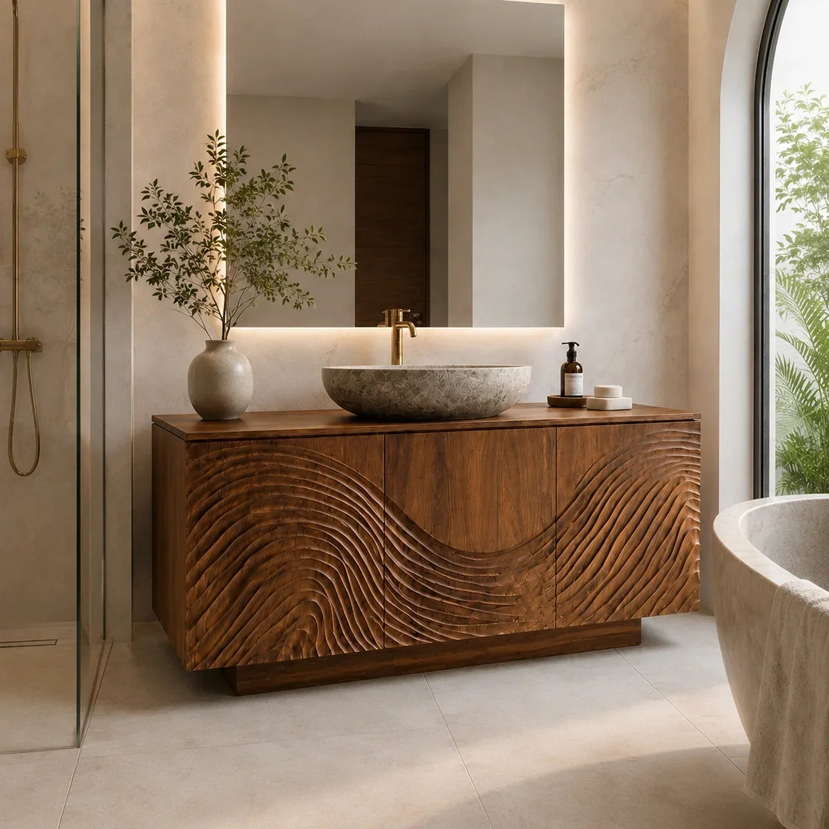 Traditional Bathroom Vanity with Hand-Carved Wave Relief in Natural Solid Wood - Arboriswood - 2