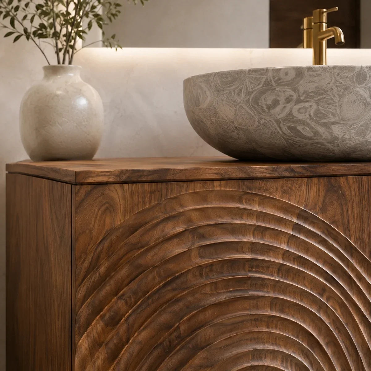 Traditional Bathroom Vanity with Hand-Carved Wave Relief in Natural Solid Wood - Arboriswood - 3