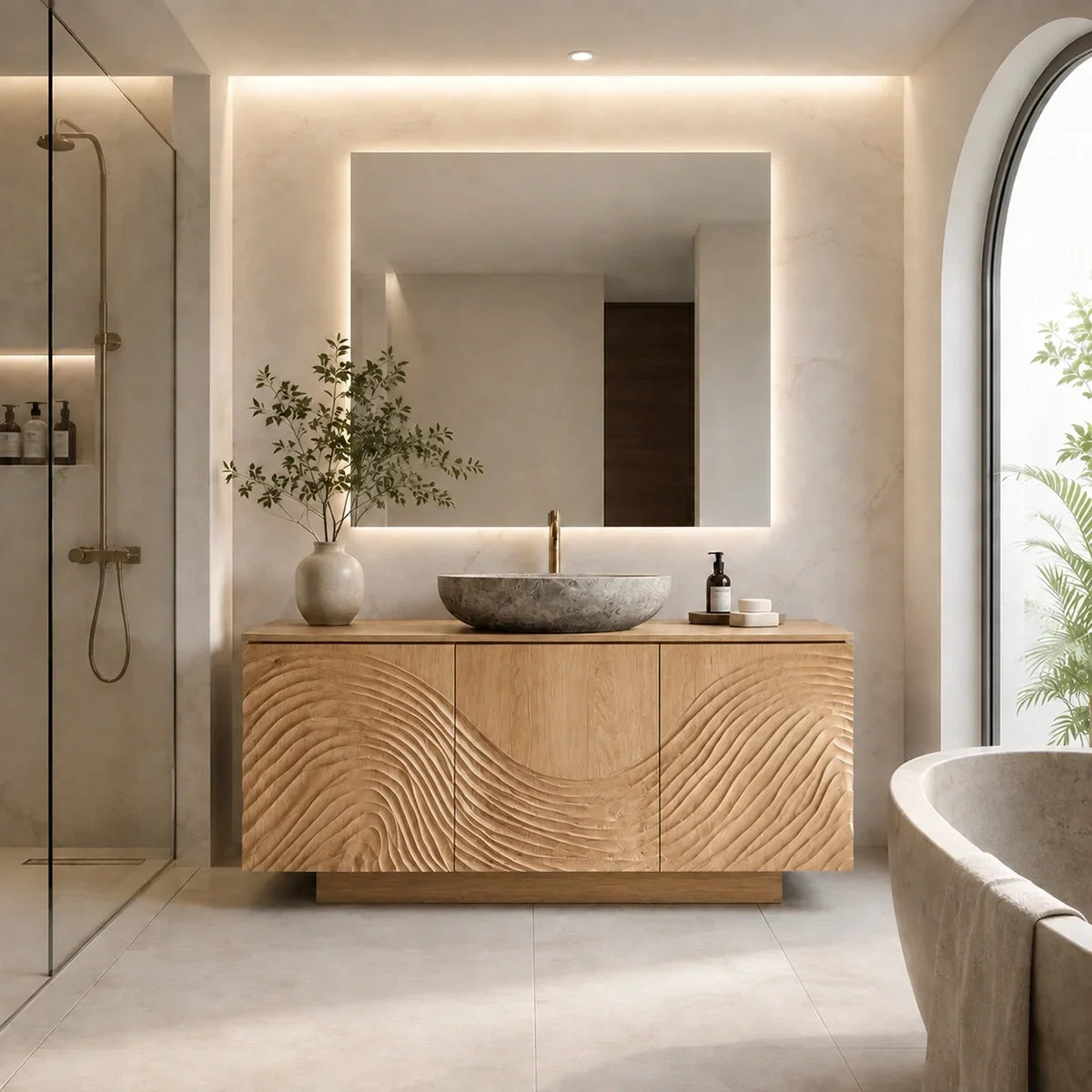 Traditional Bathroom Vanity with Hand-Carved Wave Relief in Natural Solid Wood - Arboriswood - 9