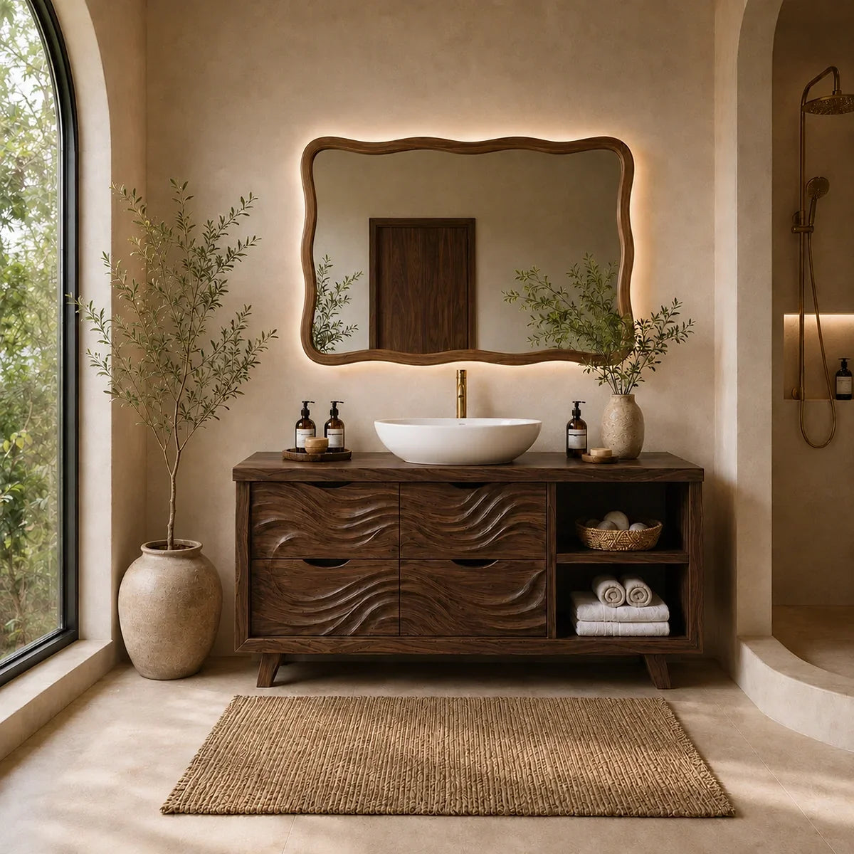 Traditional Bathroom Vanity with Wave-Carved Drawers in Natural Solid Wood - Arboriswood - 10