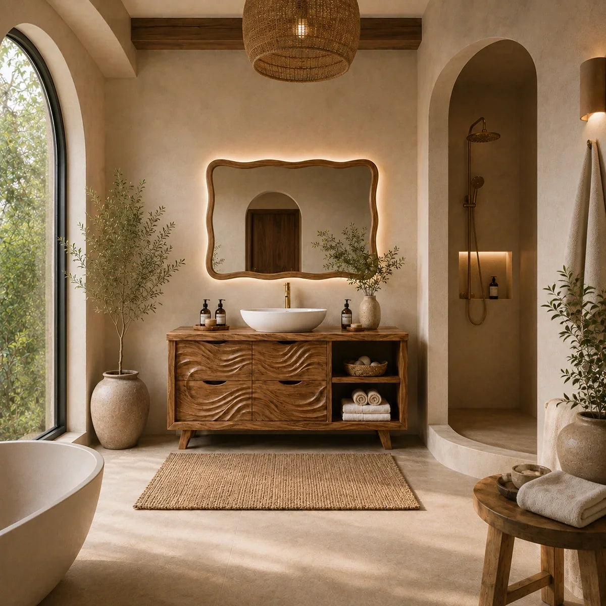 Traditional Bathroom Vanity with Wave-Carved Drawers in Natural Solid Wood - Arboriswood - 1