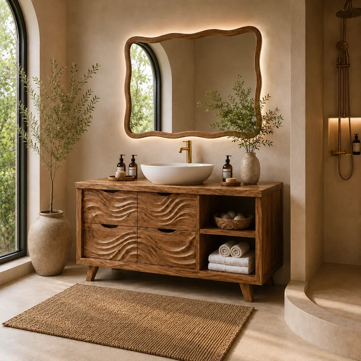 Traditional Bathroom Vanity with Wave-Carved Drawers in Natural Solid Wood - Arboriswood - 2
