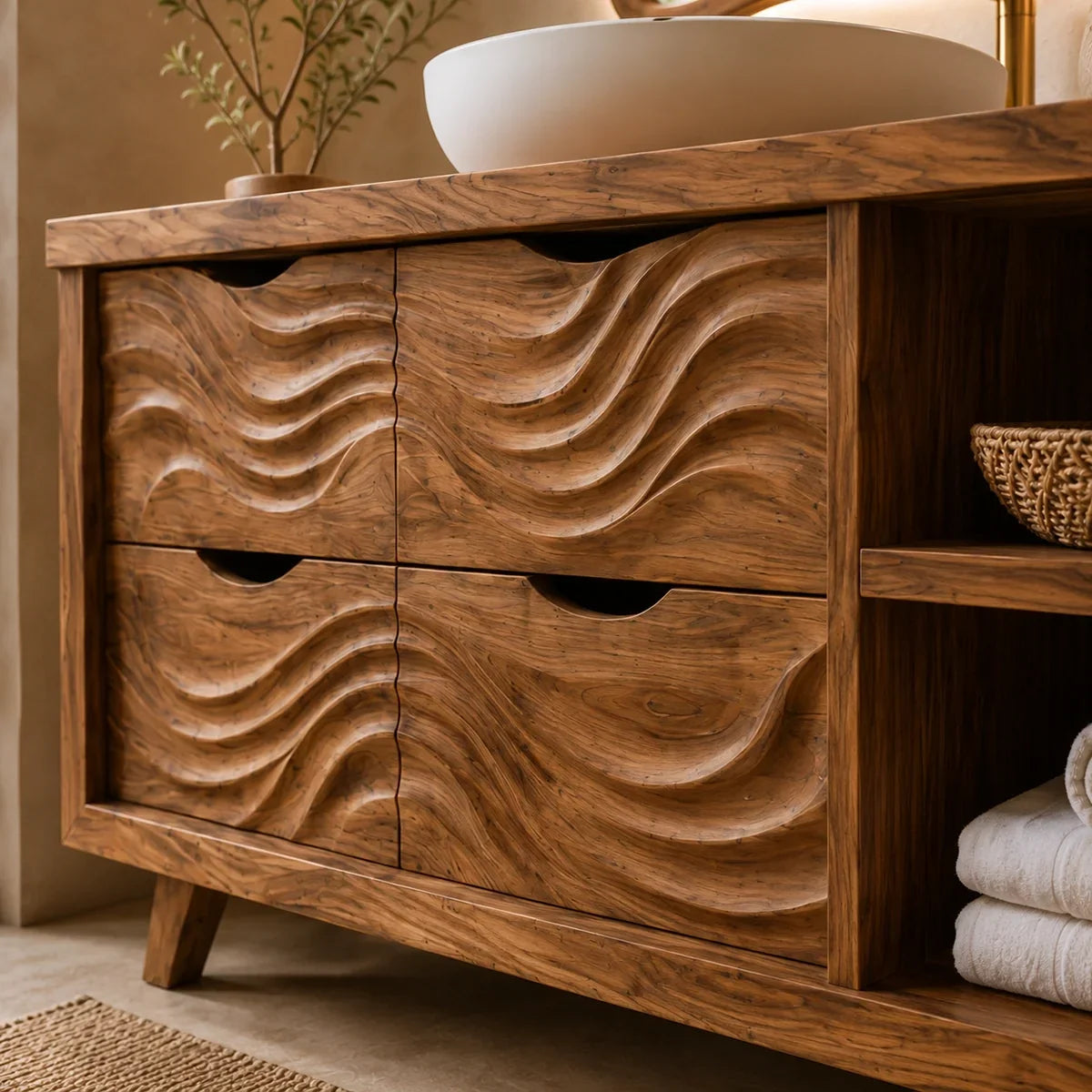 Traditional Bathroom Vanity with Wave-Carved Drawers in Natural Solid Wood - Arboriswood - 3