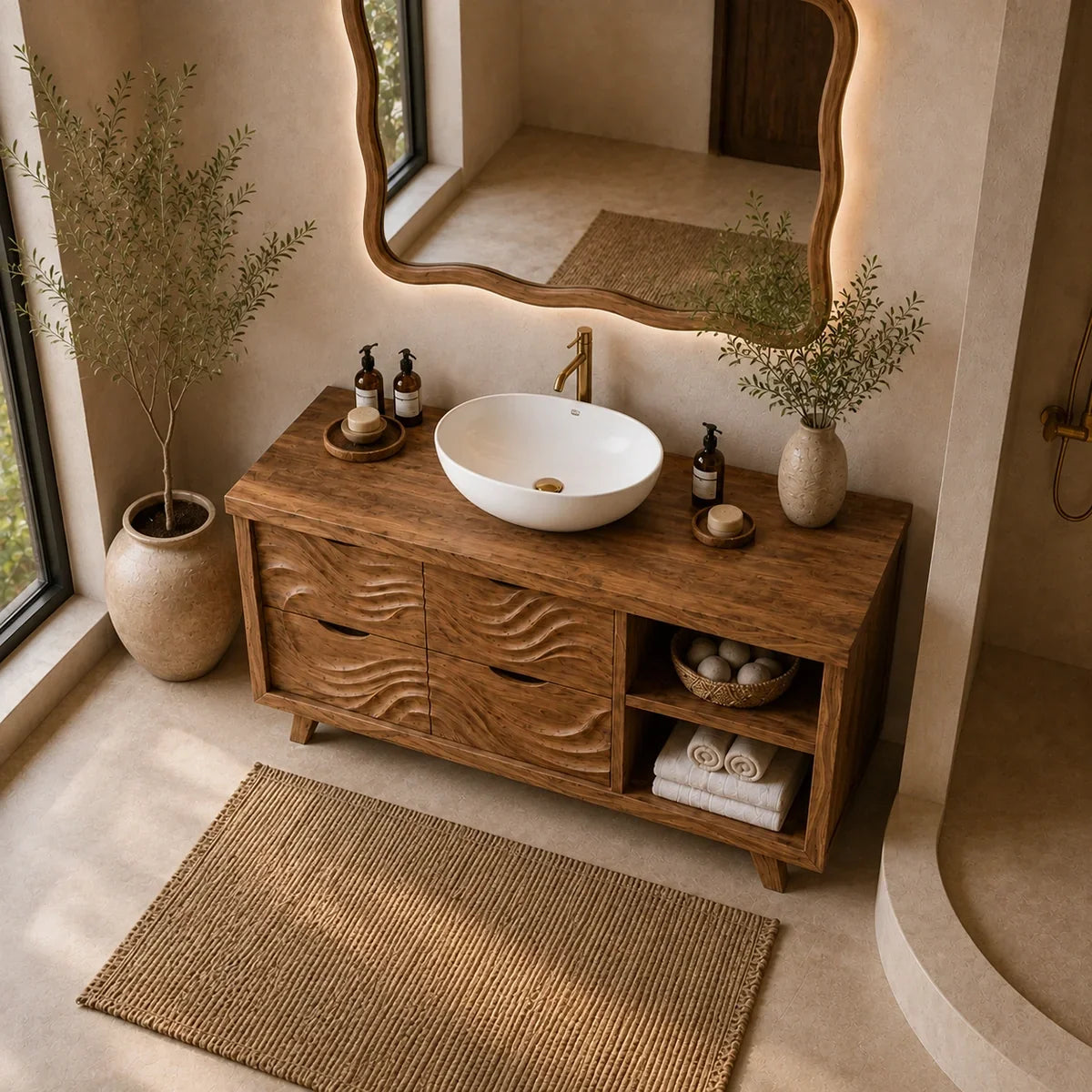 Traditional Bathroom Vanity with Wave-Carved Drawers in Natural Solid Wood - Arboriswood - 4