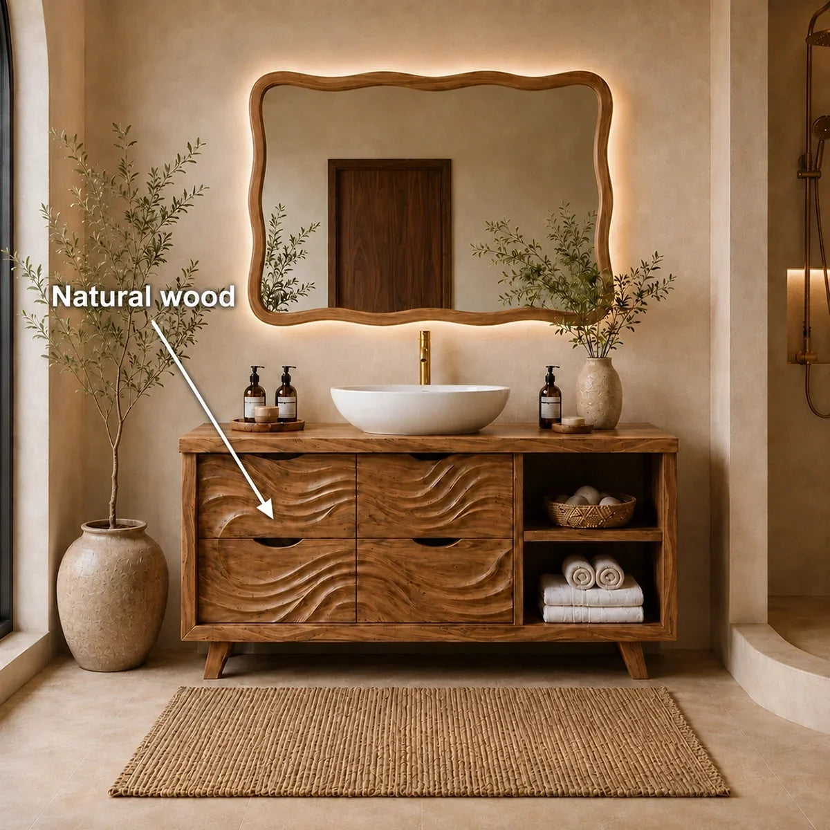 Traditional Bathroom Vanity with Wave-Carved Drawers in Natural Solid Wood - Arboriswood - 5