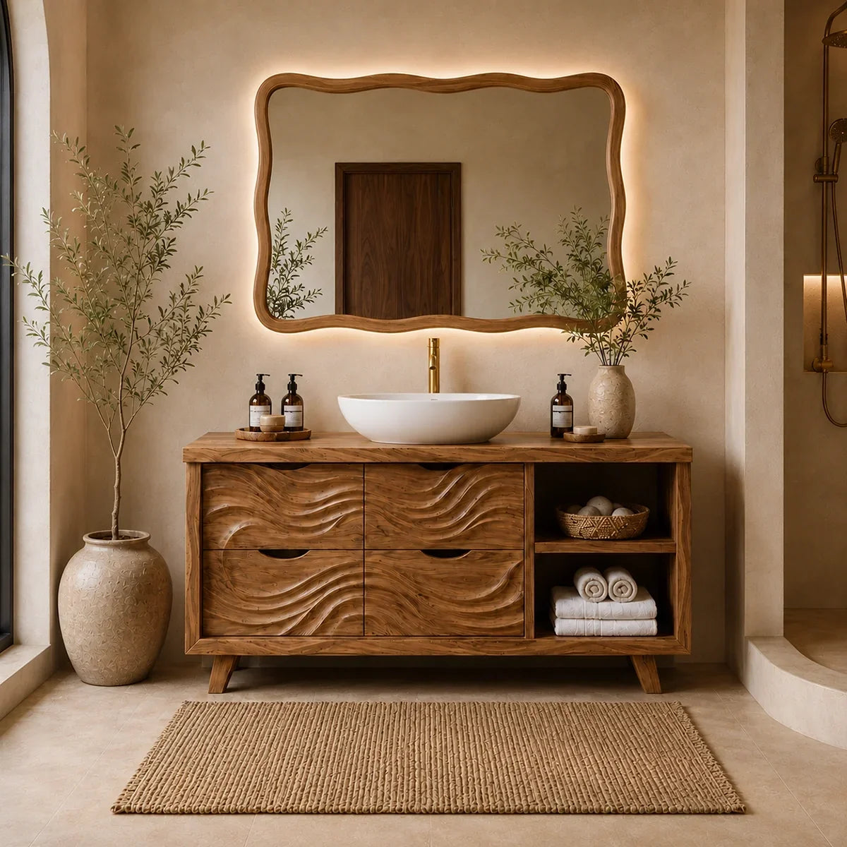 Traditional Bathroom Vanity with Wave-Carved Drawers in Natural Solid Wood - Arboriswood - 7