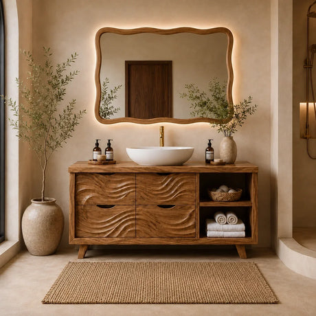 Traditional Bathroom Vanity with Wave-Carved Drawers in Natural Solid Wood - Arboriswood - 7