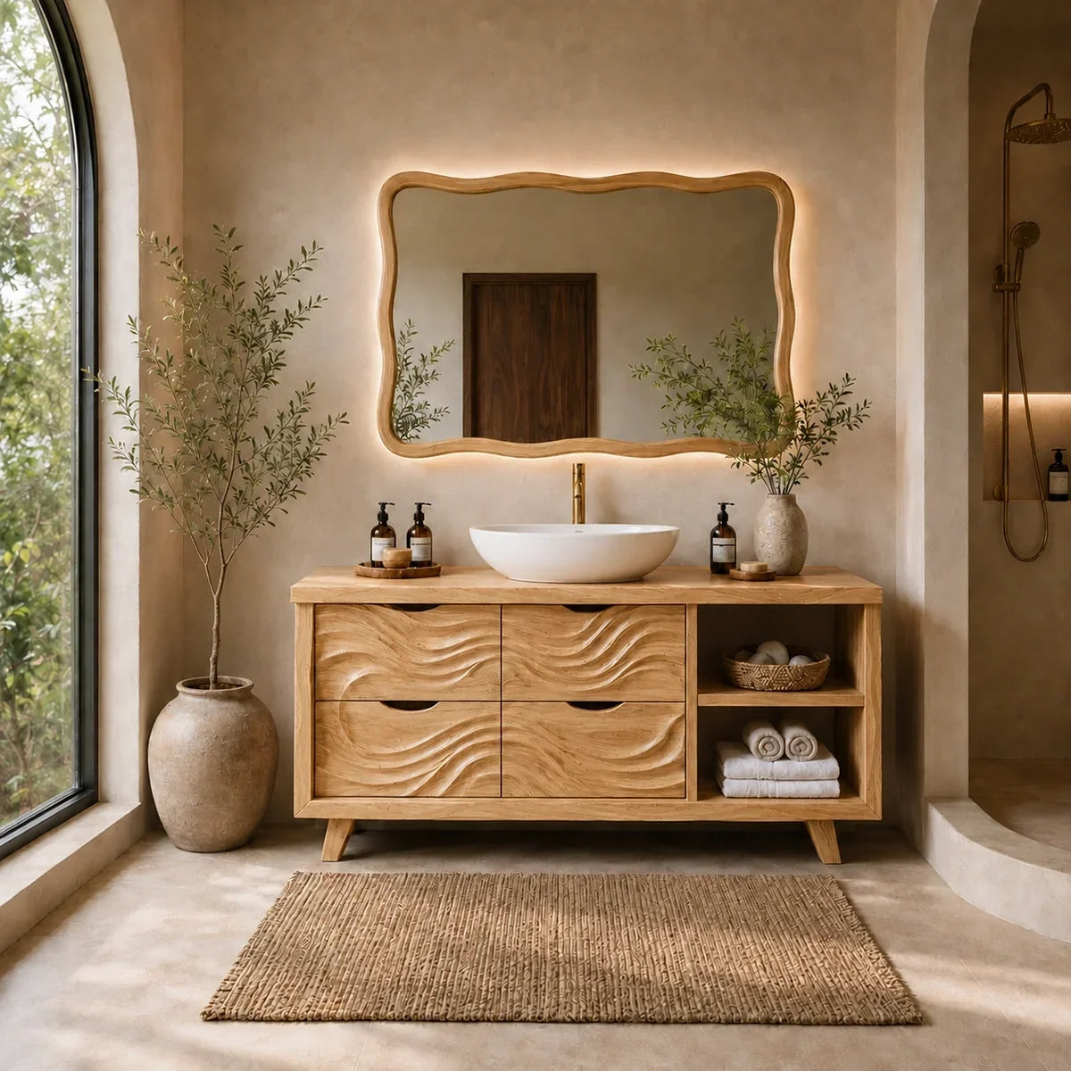 Traditional Bathroom Vanity with Wave-Carved Drawers in Natural Solid Wood - Arboriswood - 9