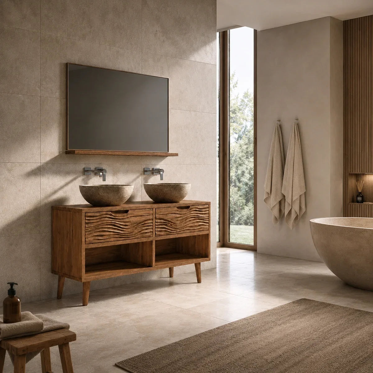Traditional Natural Solid Wood Bathroom Vanity with Hand-Carved Wave Drawers - Arboriswood - 4