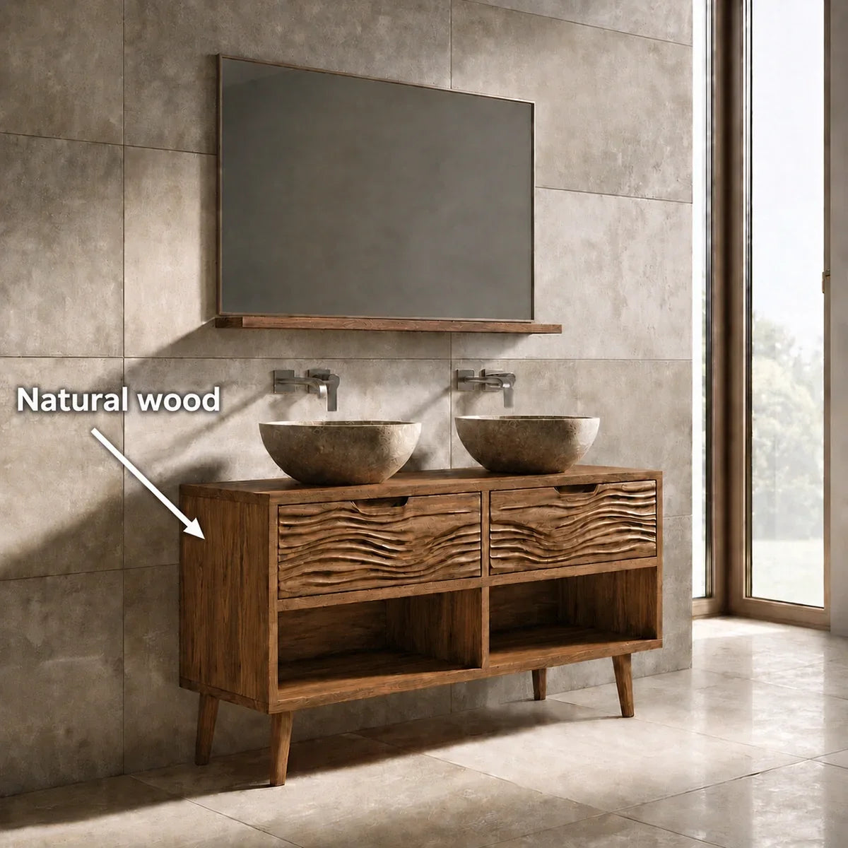 Traditional Natural Solid Wood Bathroom Vanity with Hand-Carved Wave Drawers - Arboriswood - 6