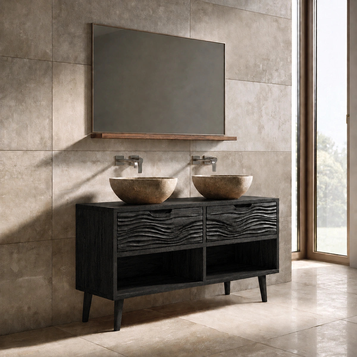 Traditional Natural Solid Wood Bathroom Vanity with Hand-Carved Wave Drawers - Arboriswood - 8
