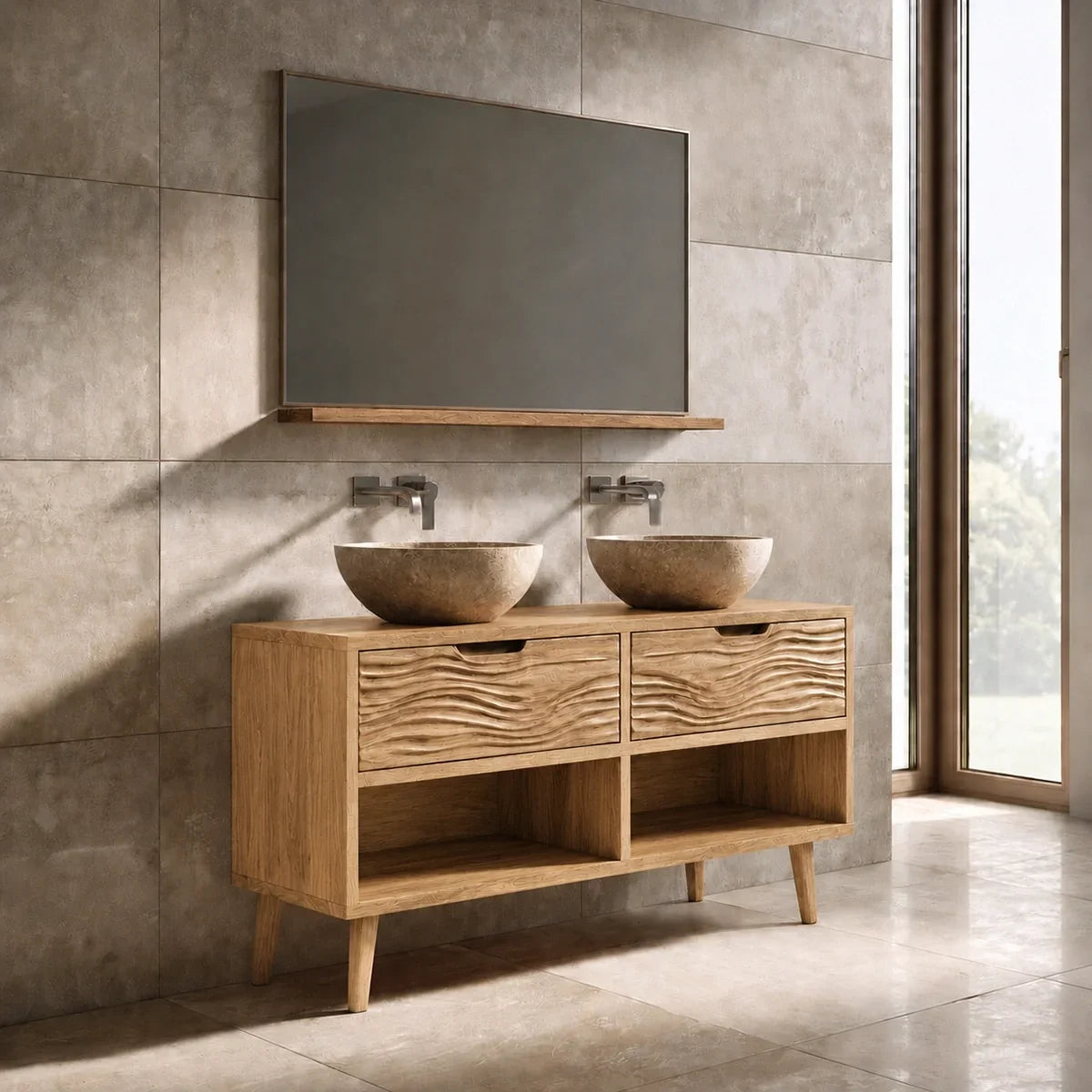 Traditional Natural Solid Wood Bathroom Vanity with Hand-Carved Wave Drawers - Arboriswood - 9