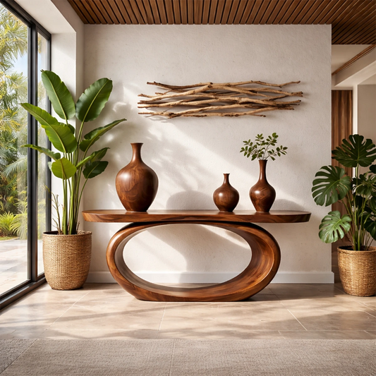 Modern brown console table with oval wood frame