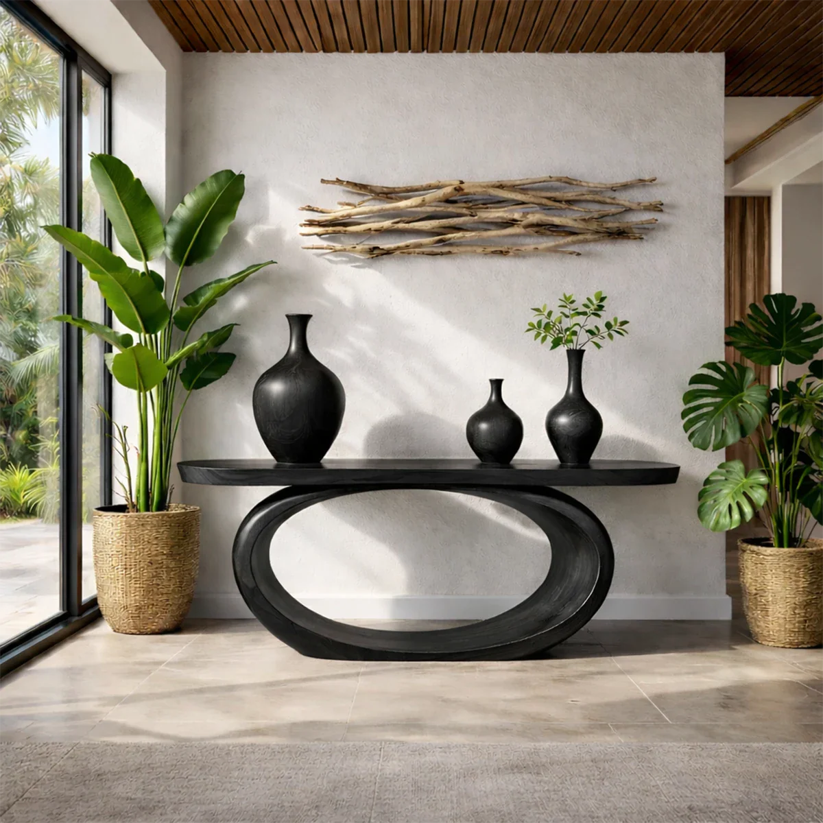 Unique brown wood console table with oval pedestal