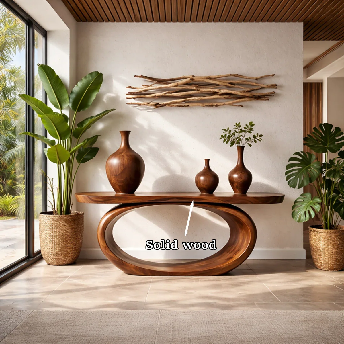 Handcrafted brown console table with loop base