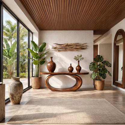 Brown wood console table with oval loop base
